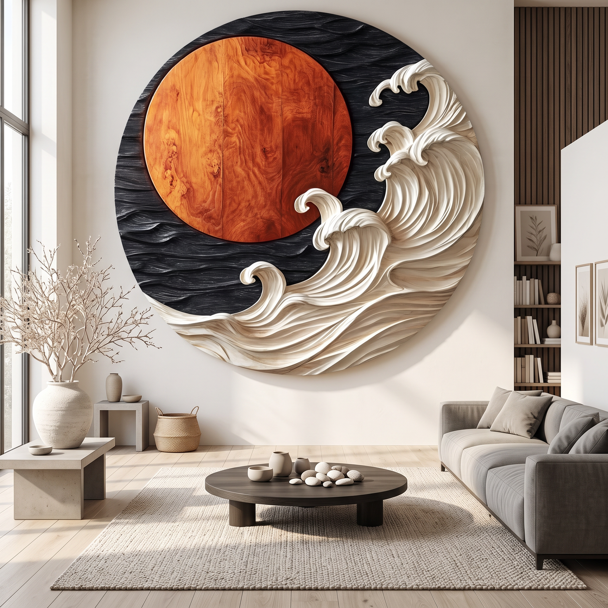 Round Wall Art Solid Wood with Sculptural Ocean Waves and Rising Sun for Home Decor