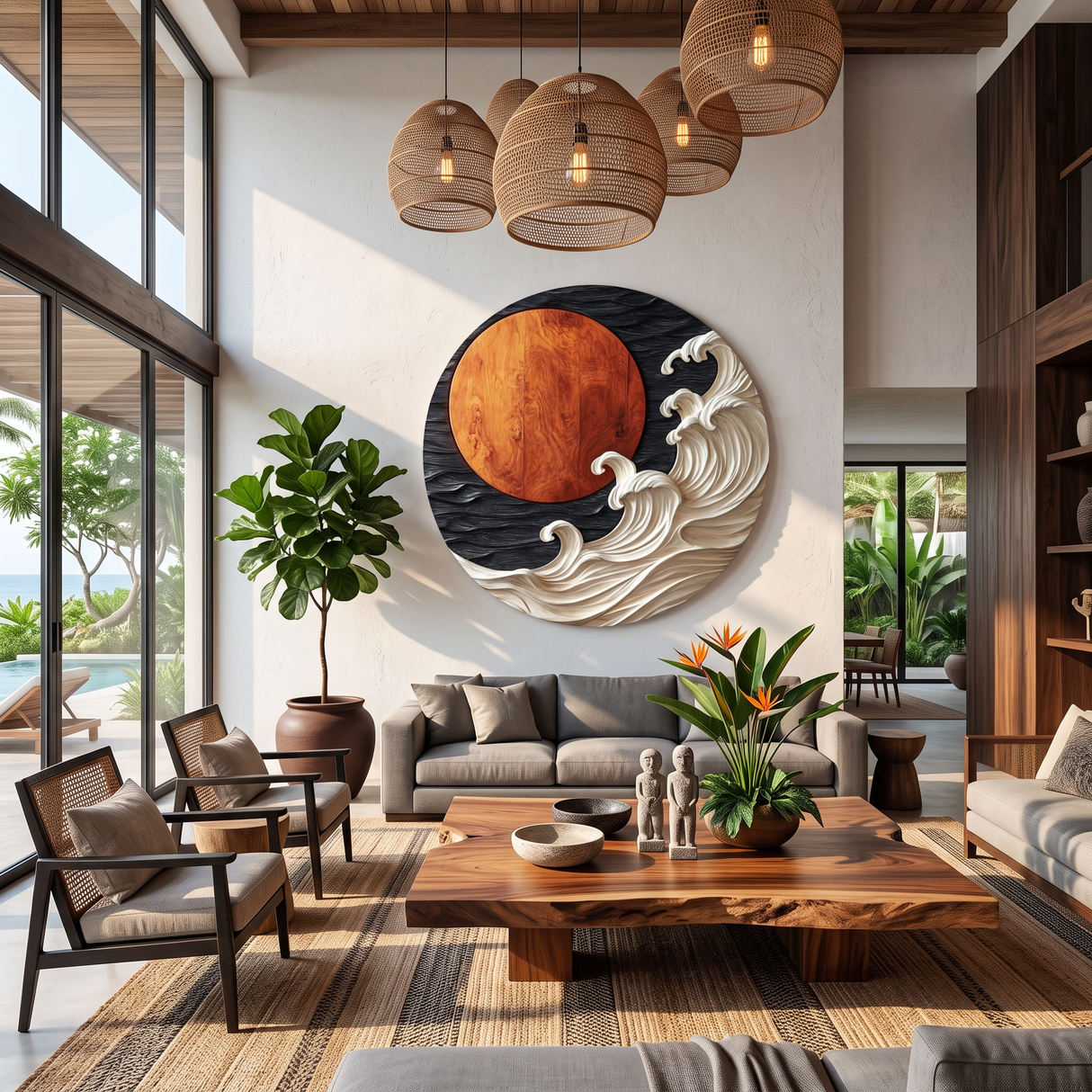 Round Wall Art Solid Wood with Sculptural Ocean Waves and Rising Sun for Home Decor