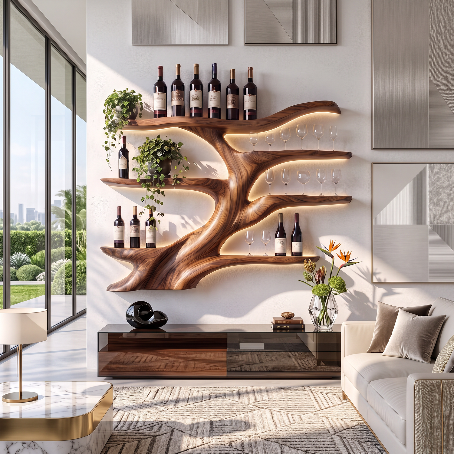 Wall-Mounted Wine Rack Solid Wood with Sculptural Organic Form and Display Shelves