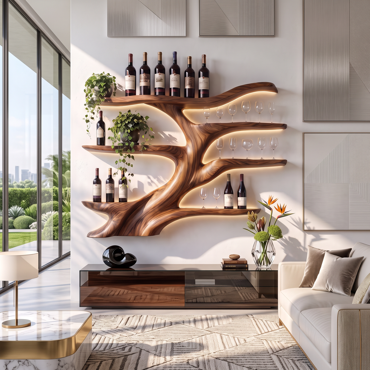 Wall-Mounted Wine Rack Solid Wood with Sculptural Organic Form and Display Shelves