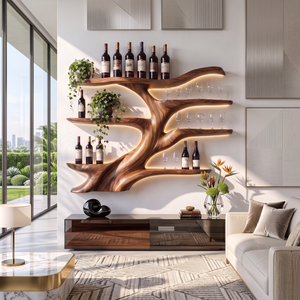 Wall-Mounted Wine Rack Solid Wood with Sculptural Organic Form and Display Shelves