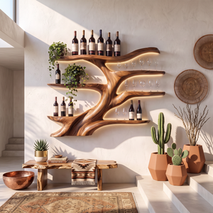 Wall-Mounted Wine Rack Solid Wood with Sculptural Organic Form and Display Shelves