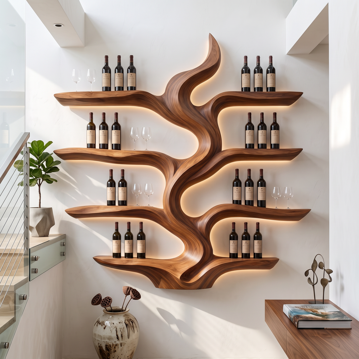 Wine Rack Solid Wood with Sculptural Flowing Form and Display Shelves
