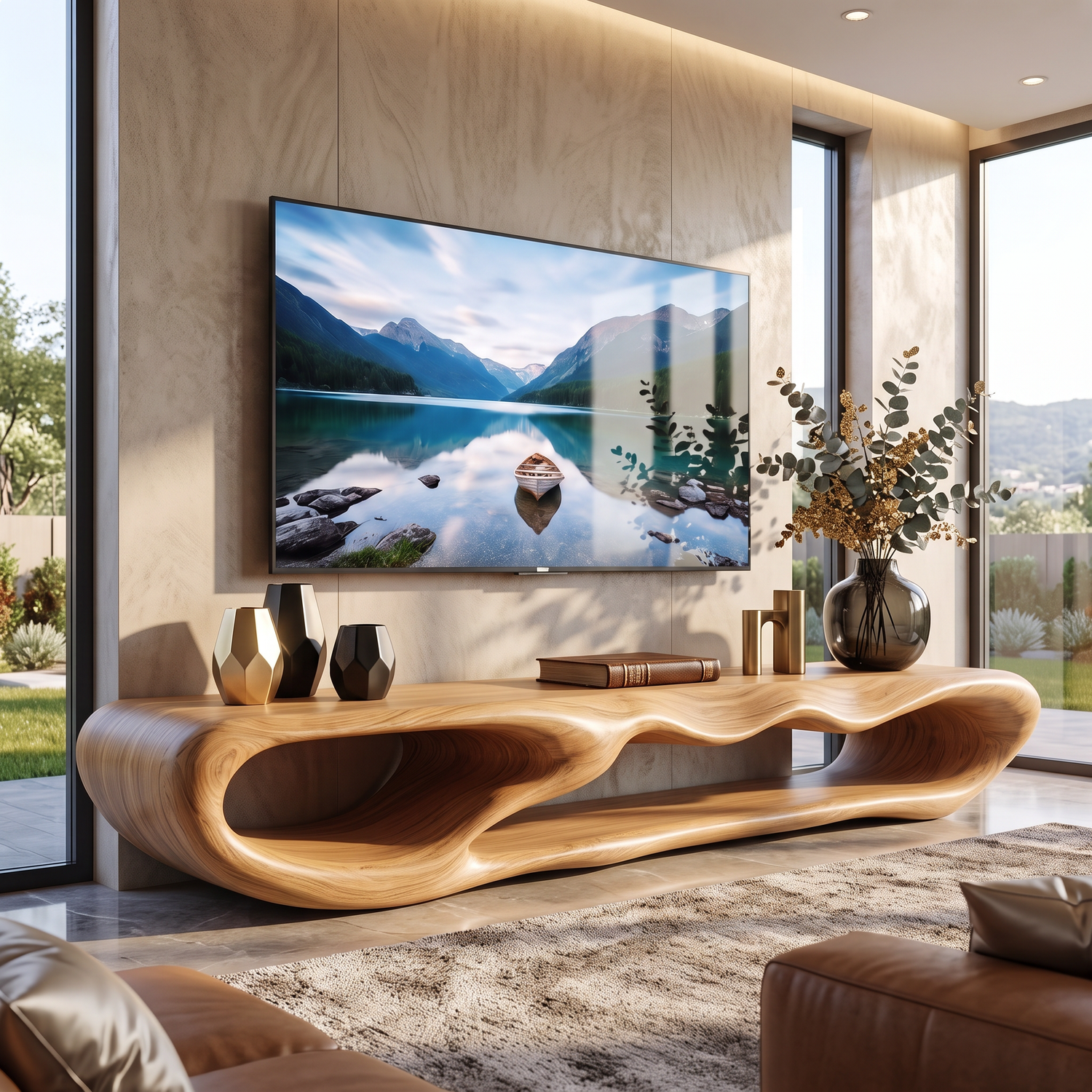 TV Console Solid Wood with Sculptural Double Loop Base for Living Room Decor
