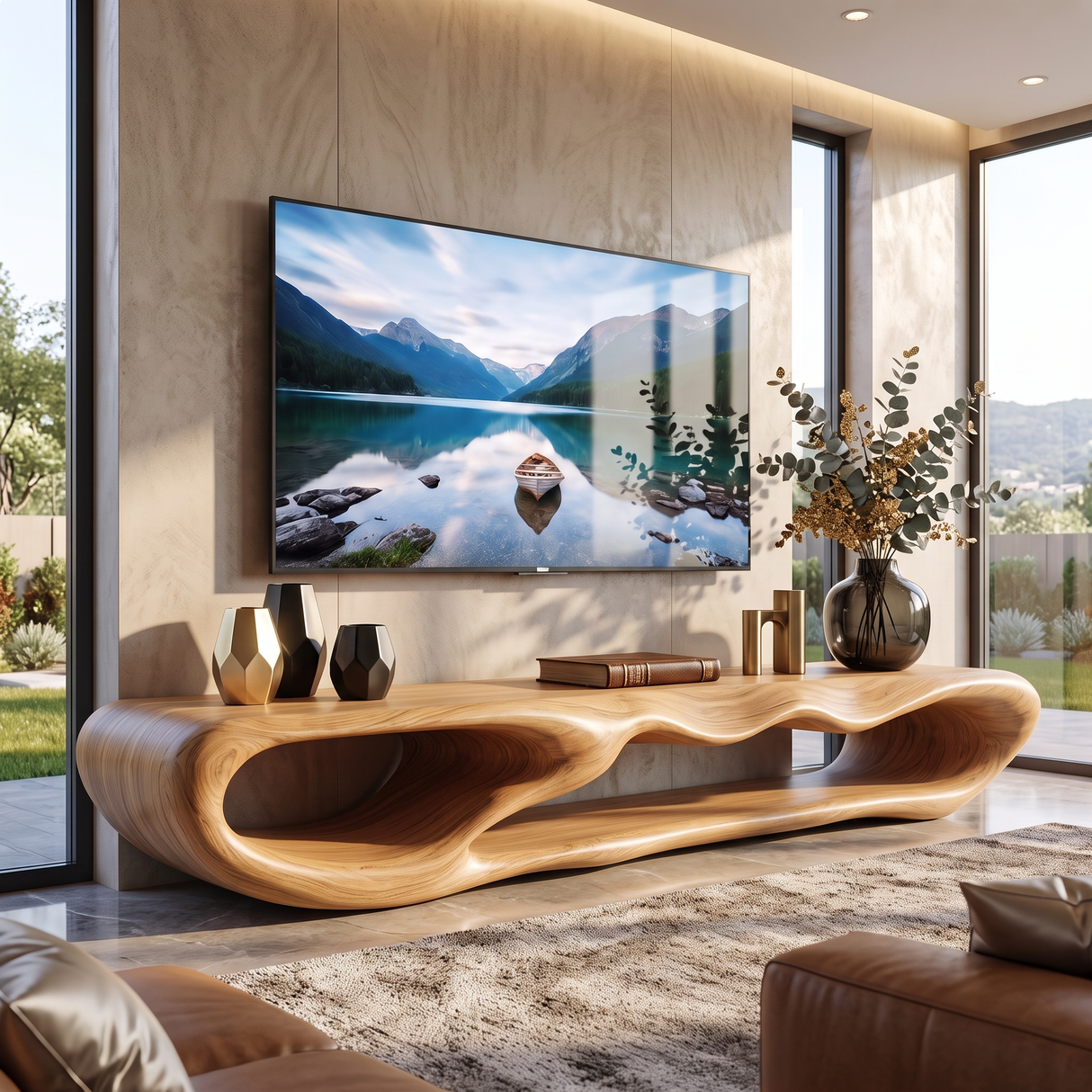 TV Console Solid Wood with Sculptural Double Loop Base for Living Room Decor