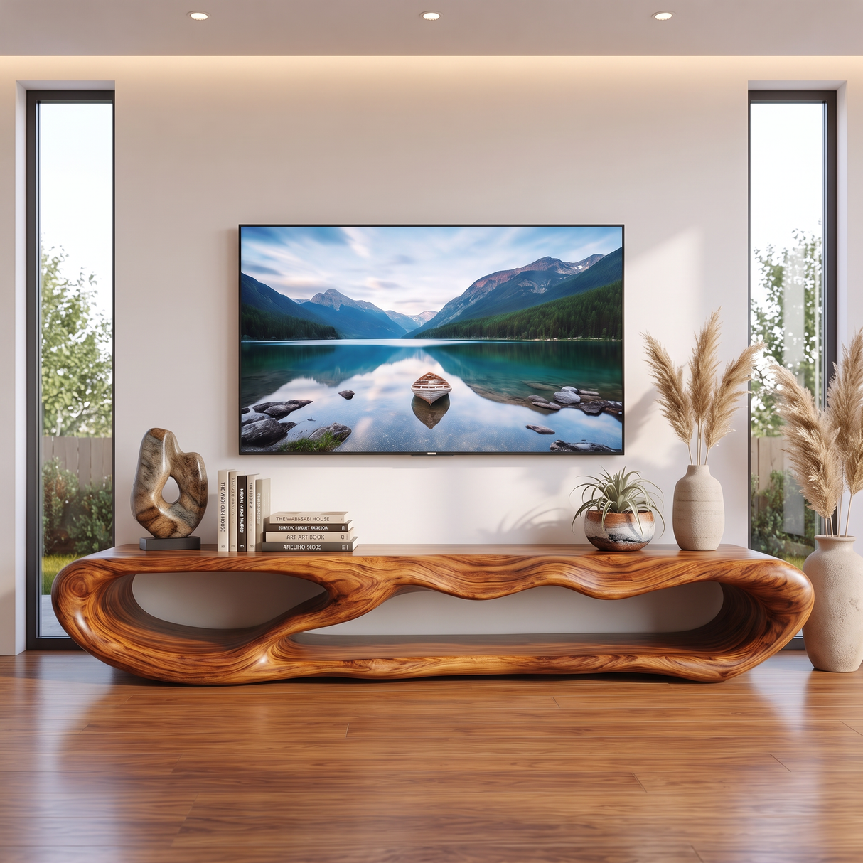 TV Console Solid Wood with Sculptural Double Loop Base for Living Room Decor