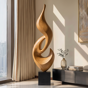 Tall Solid Wood Abstract Flame Floor Sculpture with Plinth for Modern Interiors