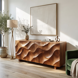 Sideboard Solid Wood with Sculptural Ripple Carved Front