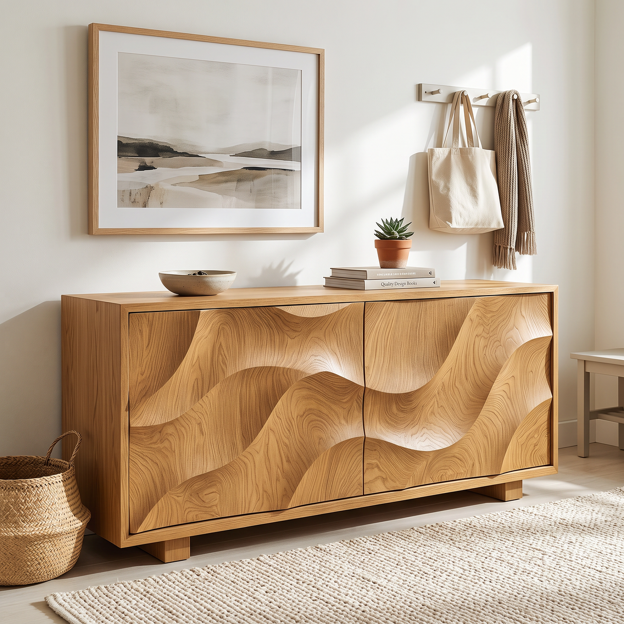 Sideboard Solid Wood with Sculptural Flowing Relief Doors for Living Room Decor