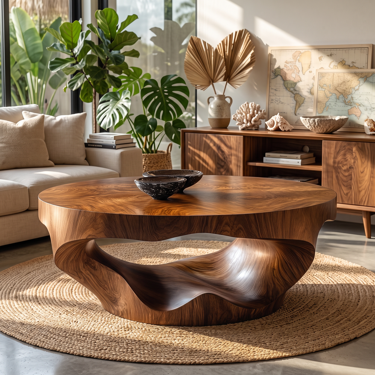 Coffee Table Solid Wood with Sculptural Crescent Wave Base