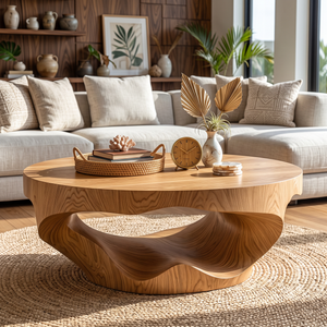 Coffee Table Solid Wood with Sculptural Crescent Wave Base