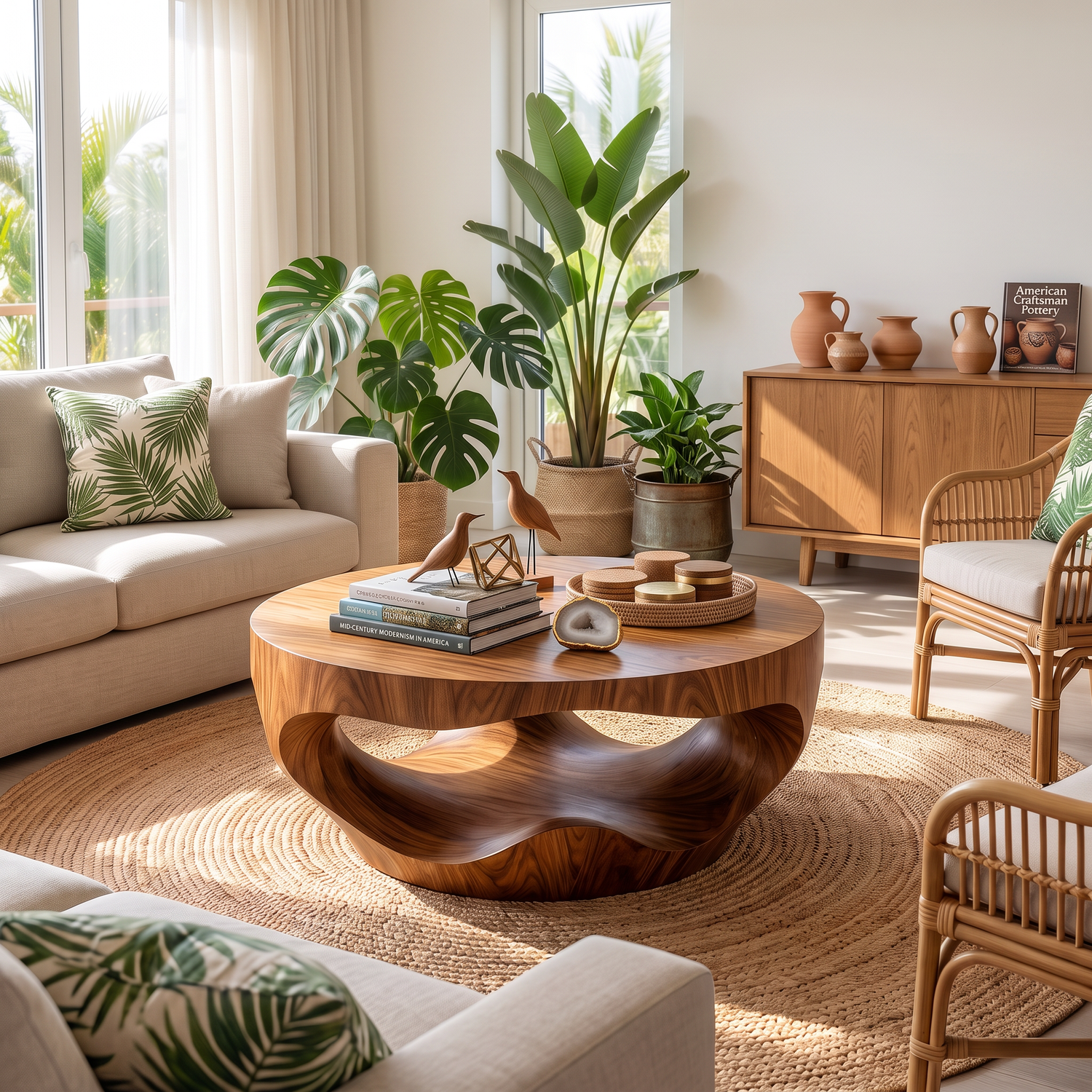 Coffee Table Solid Wood with Sculptural Hollow Bowl Base