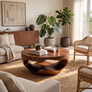 Coffee Table Solid Wood with Sculptural Hollow Bowl Base