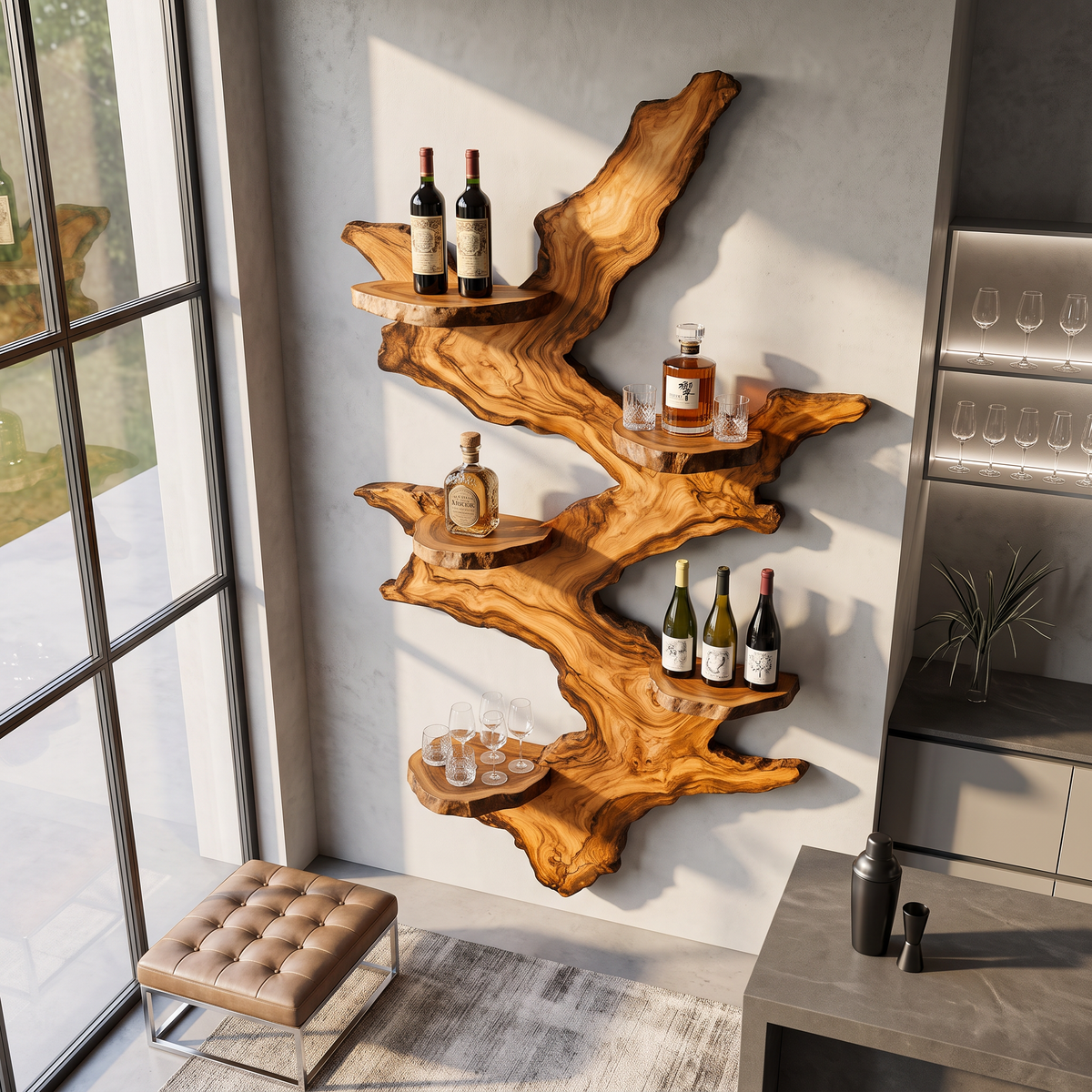 Wall Mounted Wine Rack Solid Wood with Sculptural Live Edge Slab and Floating Shelves