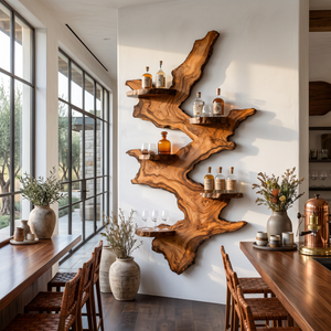Wall Mounted Wine Rack Solid Wood with Sculptural Live Edge Slab and Floating Shelves