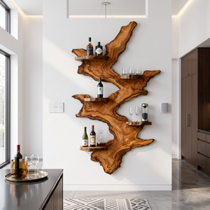 Wall Mounted Wine Rack Solid Wood with Sculptural Live Edge Slab and Floating Shelves