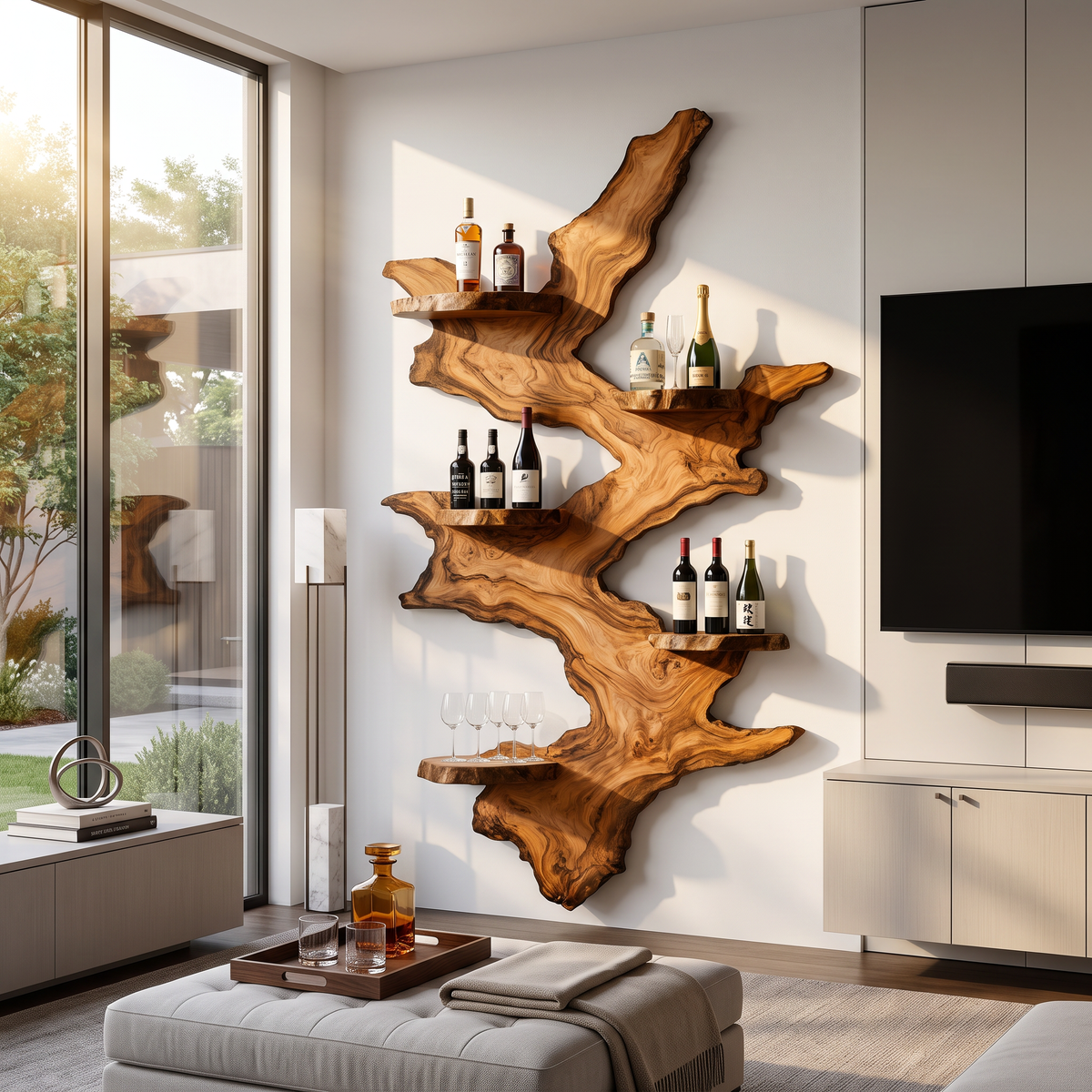 Wall Mounted Wine Rack Solid Wood with Sculptural Live Edge Slab and Floating Shelves
