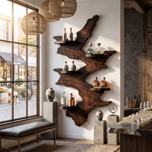 Wall Mounted Wine Rack Solid Wood with Sculptural Live Edge Slab and Floating Shelves