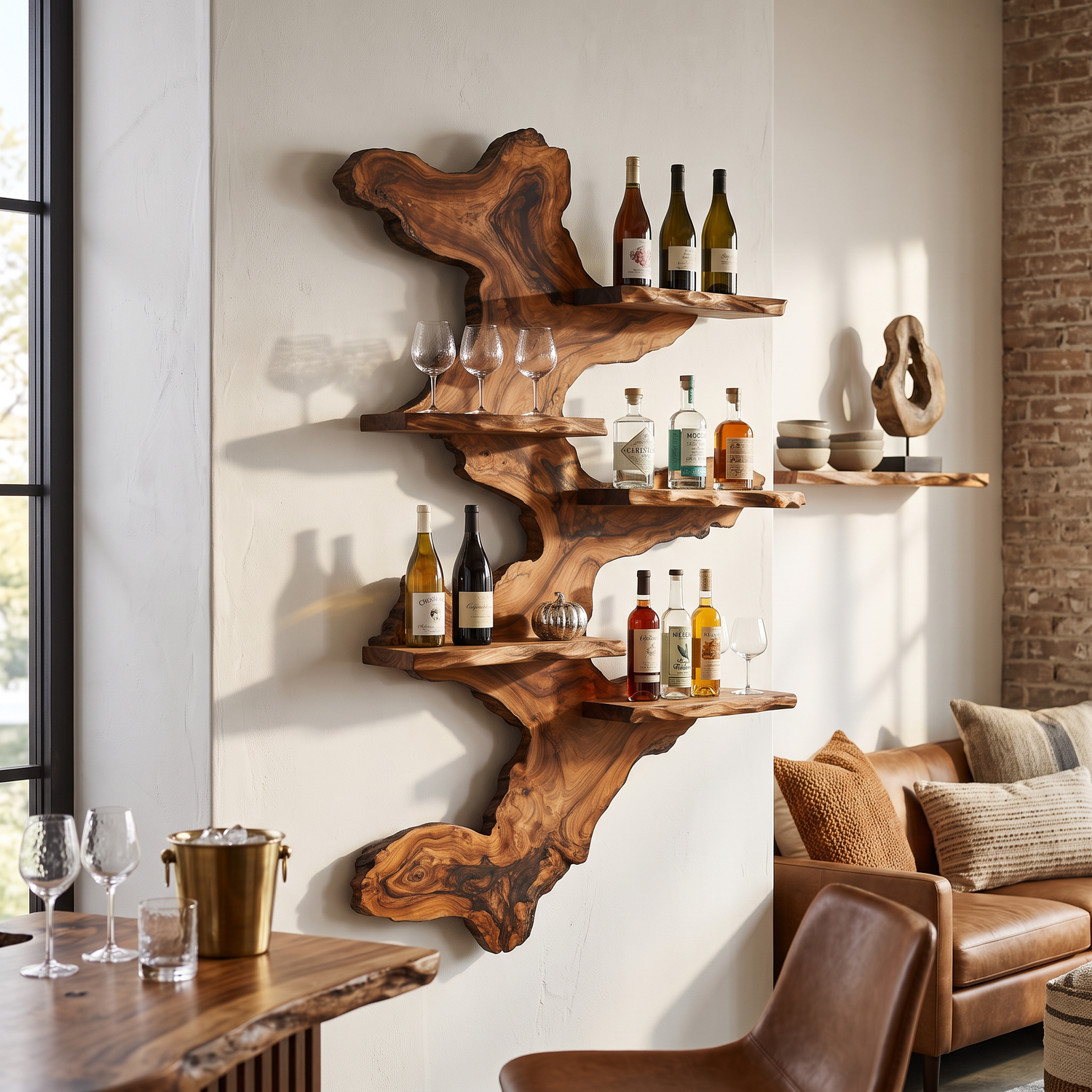 Wall Mounted Wine Rack Solid Wood with Abstract Live Edge Form and Floating Shelves