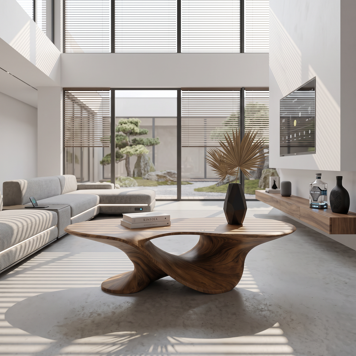 Coffee Table Solid Wood with Sculptural Flowing Arch Base for Living Room