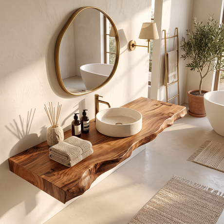 Solid Wood Bathroom Vanity Shelf with Hand-Carved Organic Edge