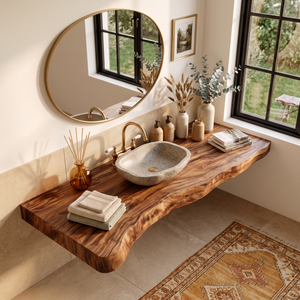 Floating Solid Wood Bathroom Vanity Shelf with Natural Wavy Front Edge