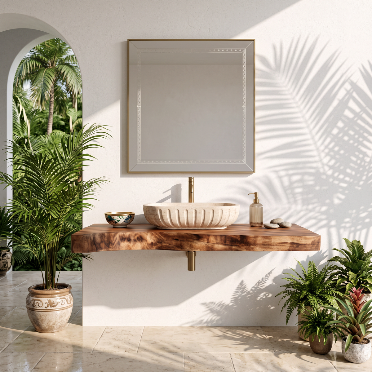 Floating Solid Wood Bathroom Vanity Shelf with Natural Wavy Front Edge