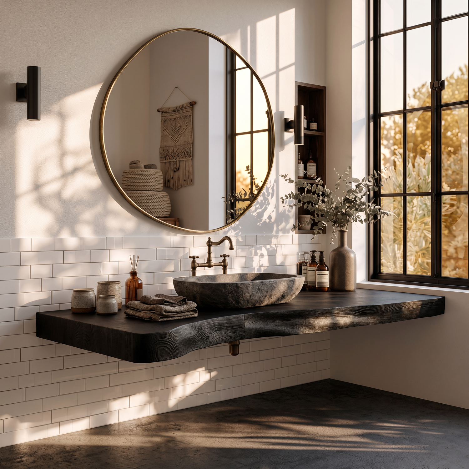 Floating Solid Wood Bathroom Vanity Shelf with Natural Wavy Front Edge