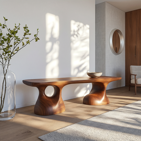 Bench Solid Wood with Sculptural Pedestal Base and Flowing Live Edge Seat