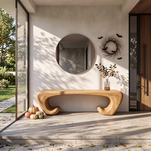Bench Solid Wood with Sculptural Scroll Base and Flowing Organic Seat