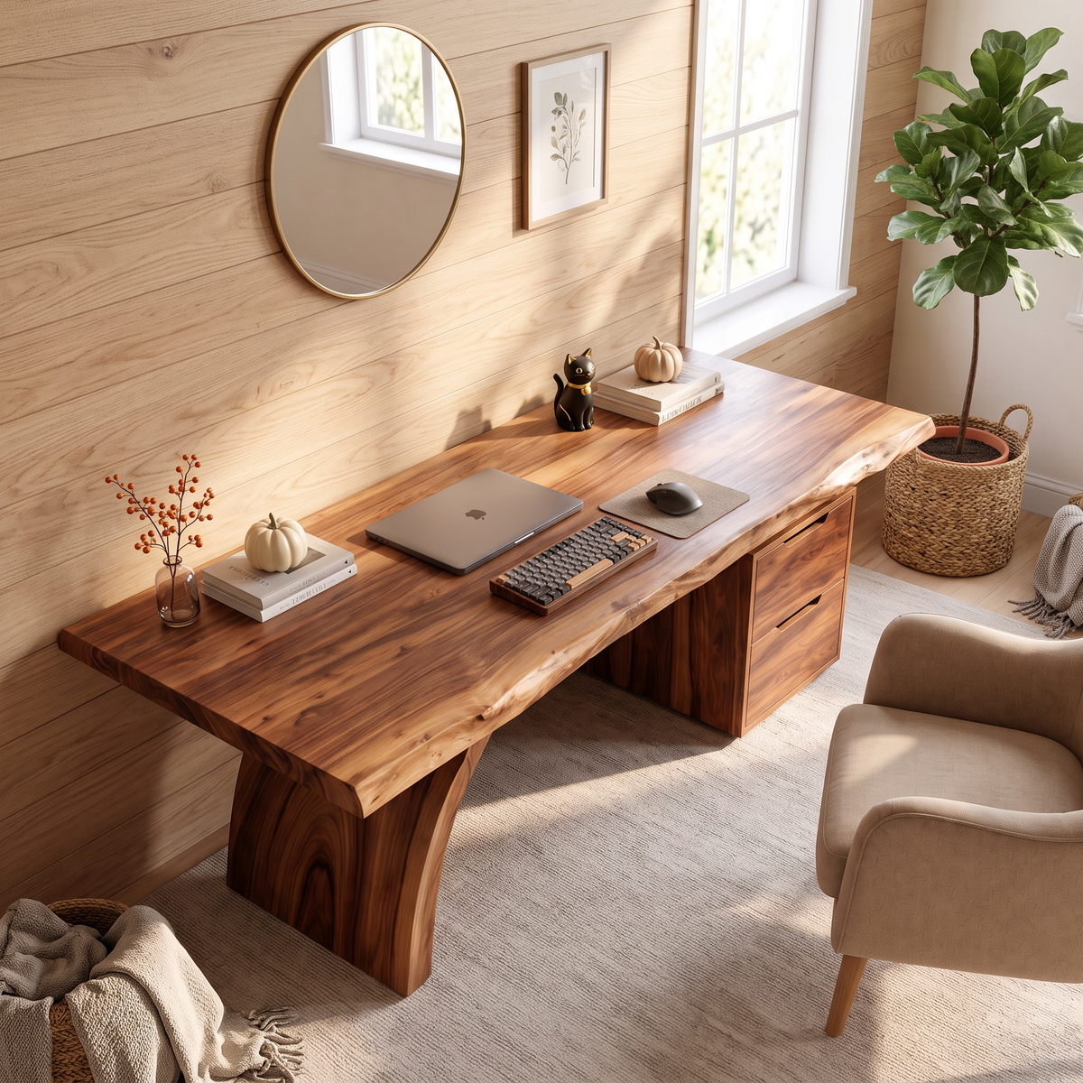 Sculptural Live Edge Solid Wood Desk With Two Drawers For Home Office