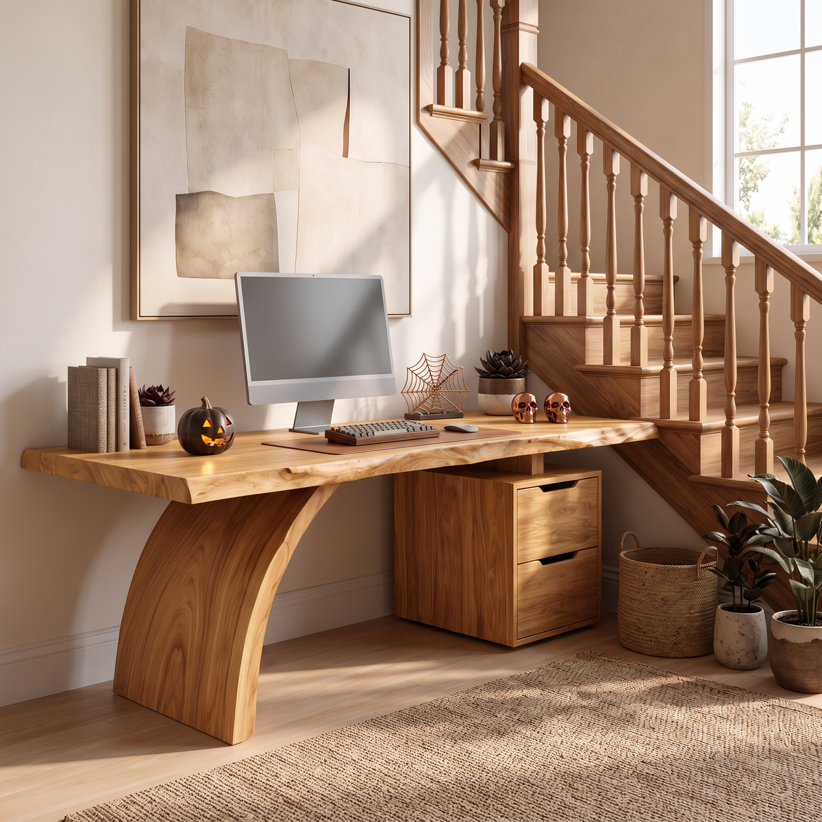 Sculptural Live Edge Solid Wood Desk With Two Drawers For Home Office