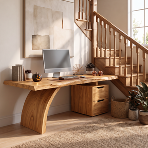 Sculptural Live Edge Solid Wood Desk With Two Drawers For Home Office