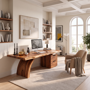 Sculptural Live Edge Solid Wood Desk With Two Drawers For Home Office