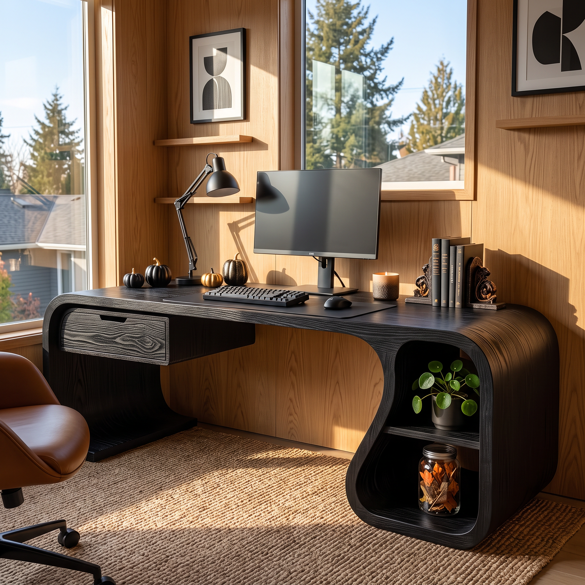 Sculptural Solid Wood Desk With Drawer And Open Shelf For Home Office