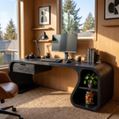 Sculptural Solid Wood Desk With Drawer And Open Shelf For Home Office