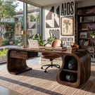 Sculptural Solid Wood Desk With Drawer And Open Shelf For Home Office
