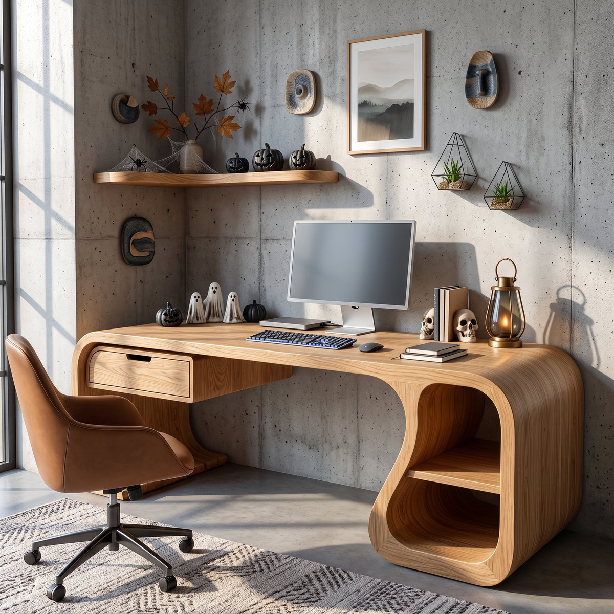 Sculptural Solid Wood Desk With Drawer And Open Shelf For Home Office