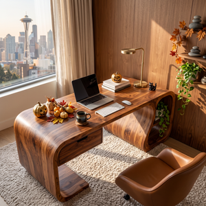 Sculptural Solid Wood Desk With Drawer And Open Shelf For Home Office