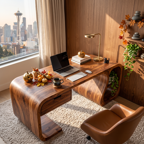 Sculptural Solid Wood Desk With Drawer And Open Shelf For Home Office