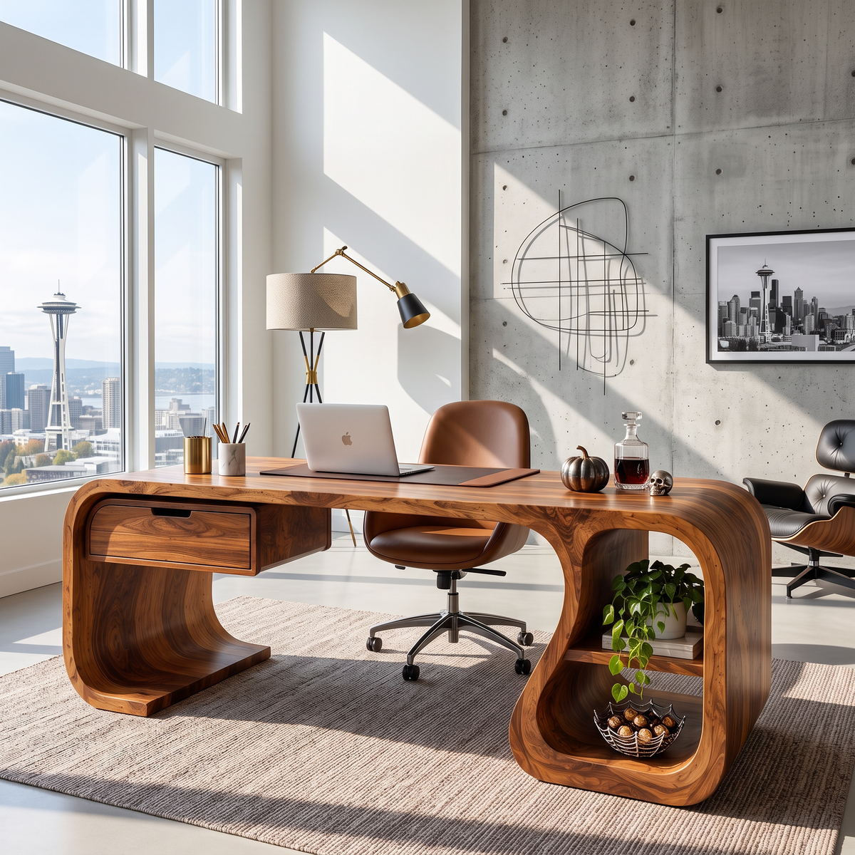 Sculptural Solid Wood Desk With Drawer And Open Shelf For Home Office