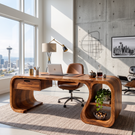 Sculptural Solid Wood Desk With Drawer And Open Shelf For Home Office