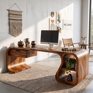 Sculptural Solid Wood Desk With Drawer And Open Shelf For Home Office