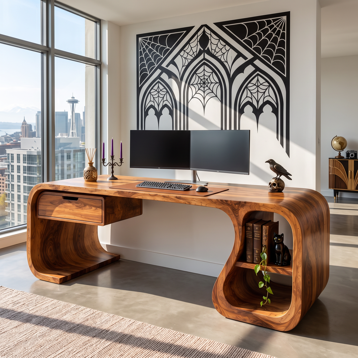 Sculptural Solid Wood Desk With Drawer And Open Shelf For Home Office