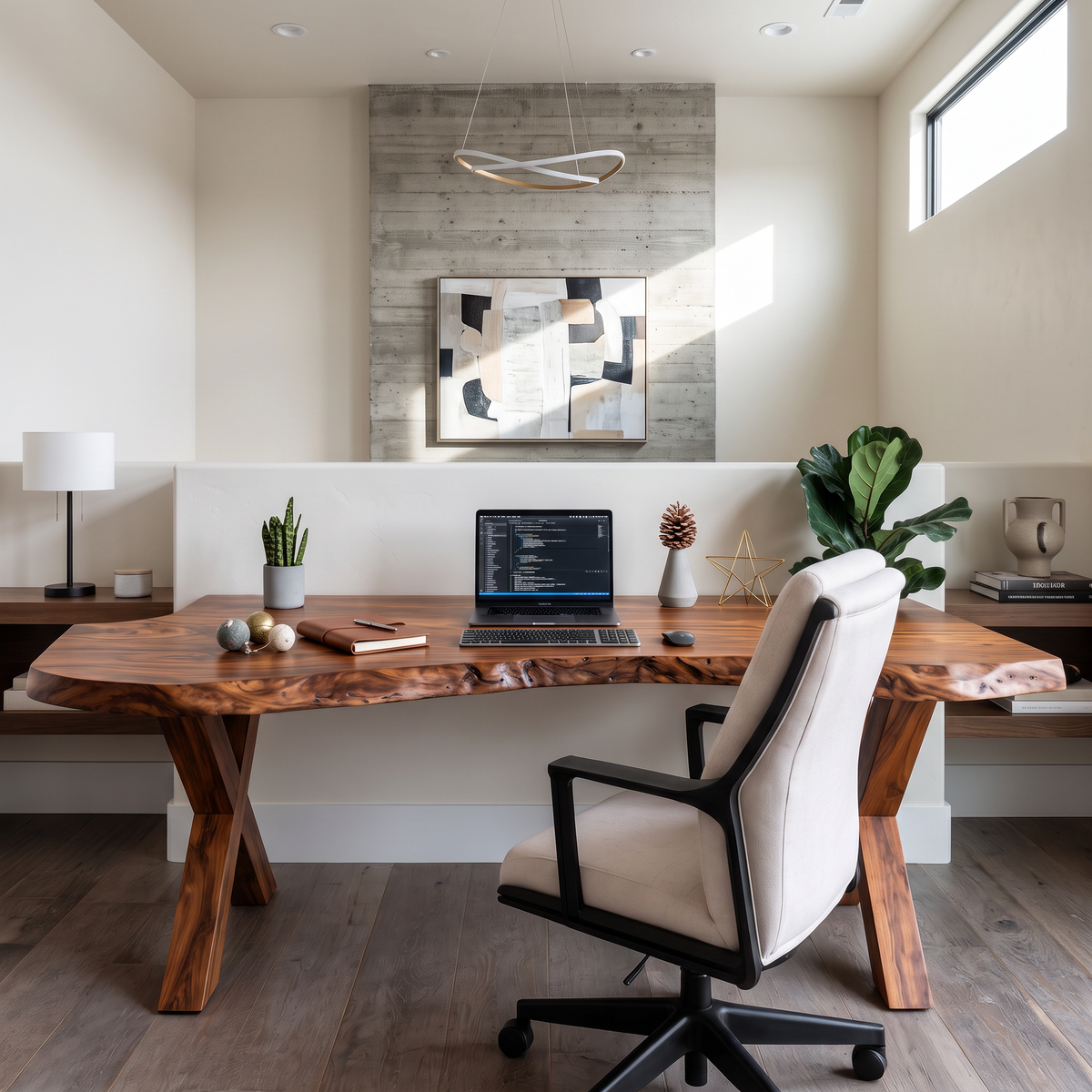 Live Edge Solid Wood Desk With X-Frame Base For Home Office