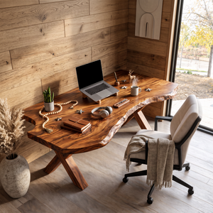 Live Edge Solid Wood Desk With X-Frame Base For Home Office