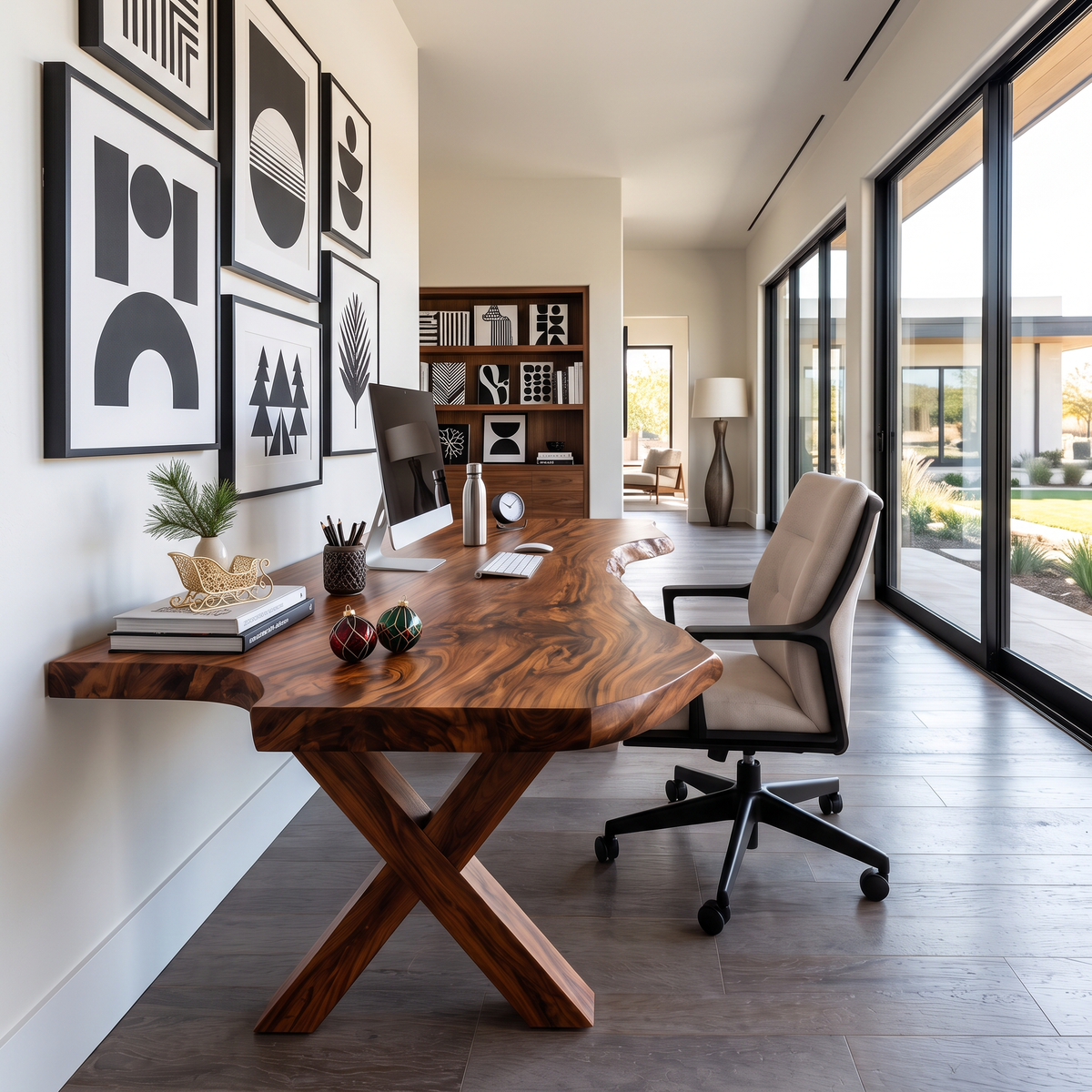 Live Edge Solid Wood Desk With X-Frame Base For Home Office