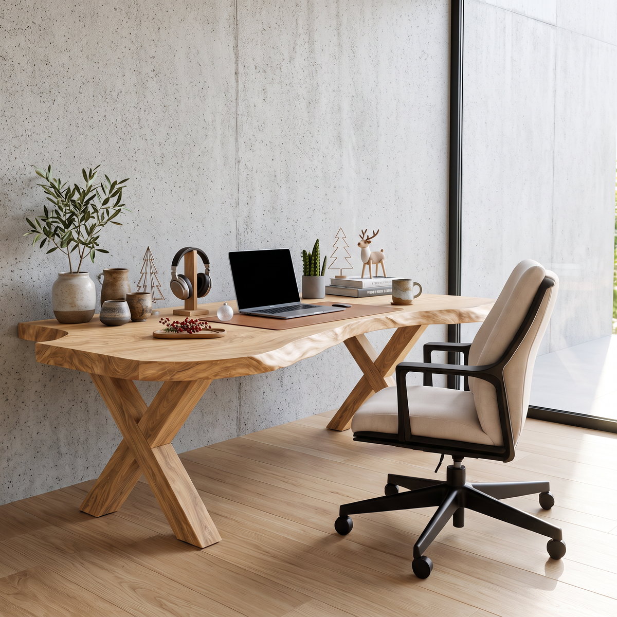 Live Edge Solid Wood Desk With X-Frame Base For Home Office