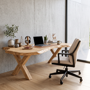 Live Edge Solid Wood Desk With X-Frame Base For Home Office