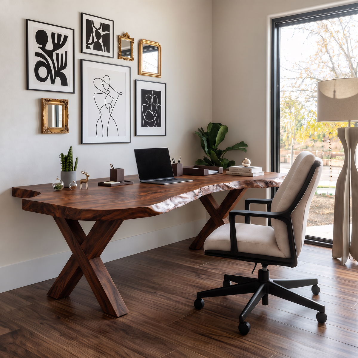 Live Edge Solid Wood Desk With X-Frame Base For Home Office
